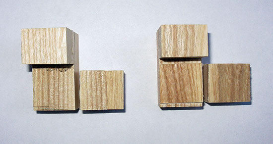 Slika 8: Izgled loma uzorka ploče od masivnog drveta po drvetu (levo) i loma po sloju lepka (desno) – nijedan uzorak ne zadovoljava uslove EN testa