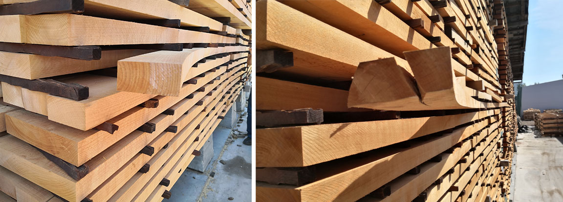 Slika 2. Deformacije već na prirodnom sušenju bukove rezane građe: bočna zakrivljenost (levo) i bočna zakrivljenost i raspuklina od bioloških naprezanja (desno)