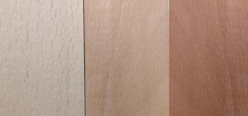 Slika 1. Izgled neparene (levo), blago parene (sredina) i “tvrdo” parene (desno) bukve