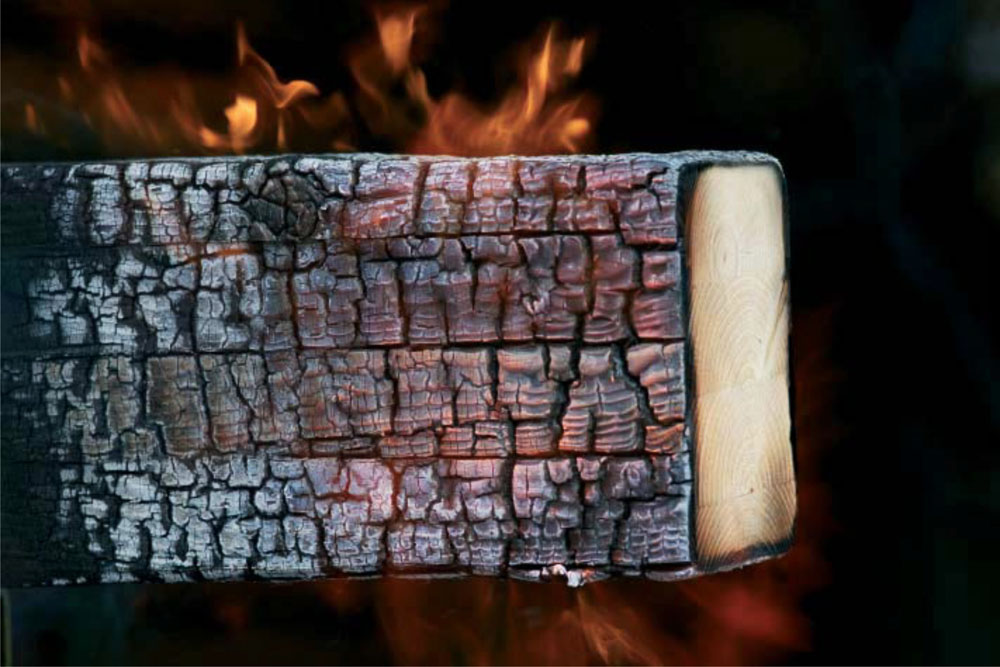 Ugljenisani sloj formiran sa sve četiri bočne strane drveta i nepromenjena unutrašnjost drveta